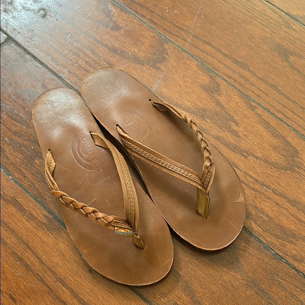 Rainbow braided flip flops
